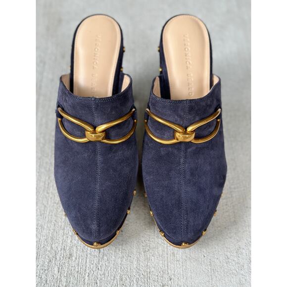 NWOT Veronica Beard Women’s 8.5M Giles Clogs Navy Suede Leather Platform Mules - Picture 3 of 11